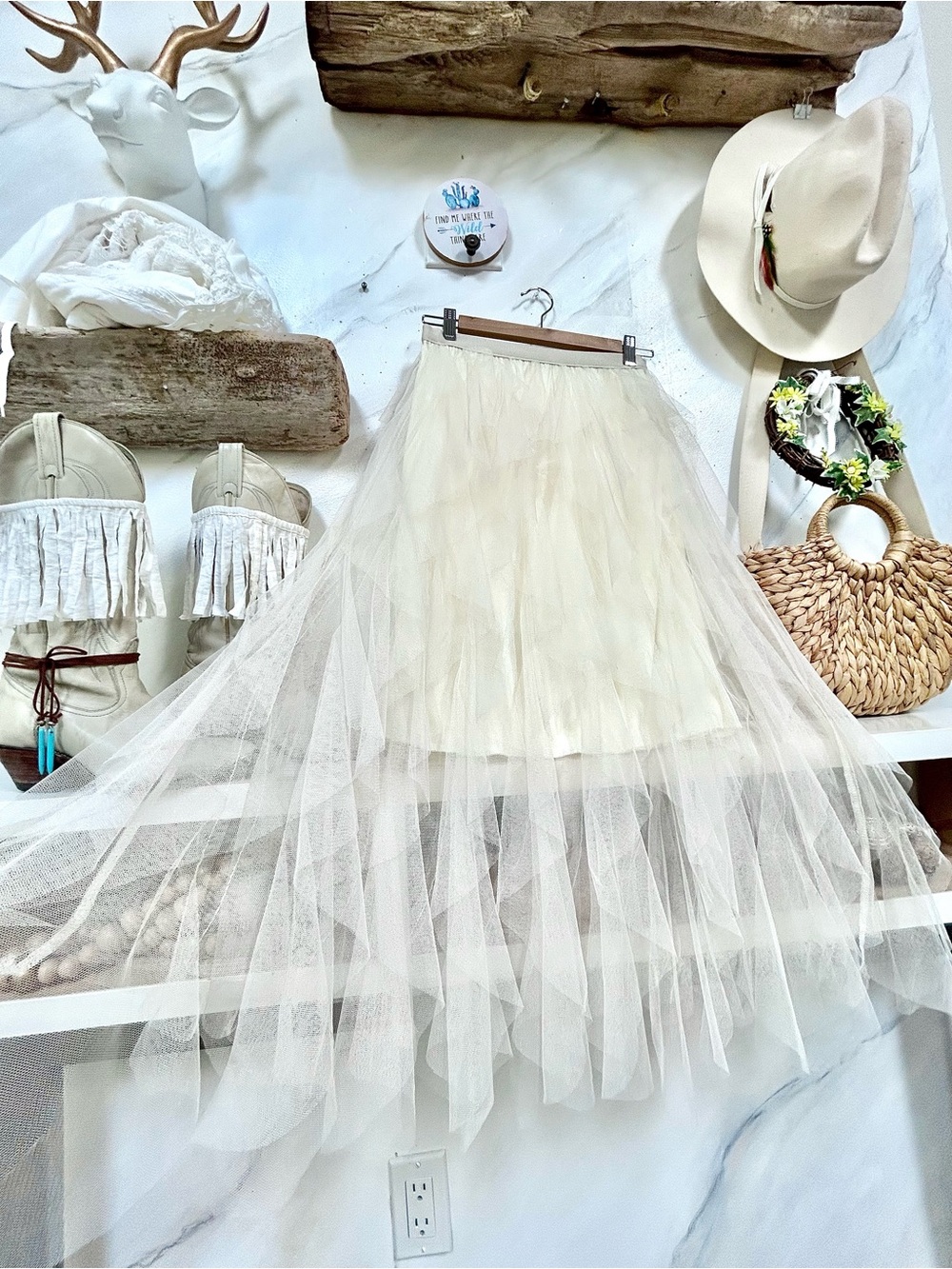 Dreamy Tulle Midi layered boho Skirt w shabby chic prairie Country vibe